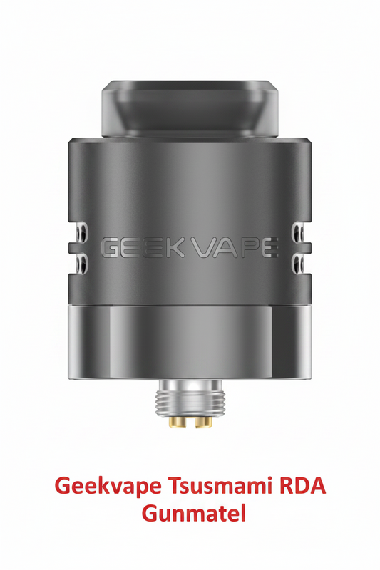 Geekvape Tsunami Reborn Z RDA in gunmetal finish, showcasing the rebuildable dripping atomizer with intricate design details.