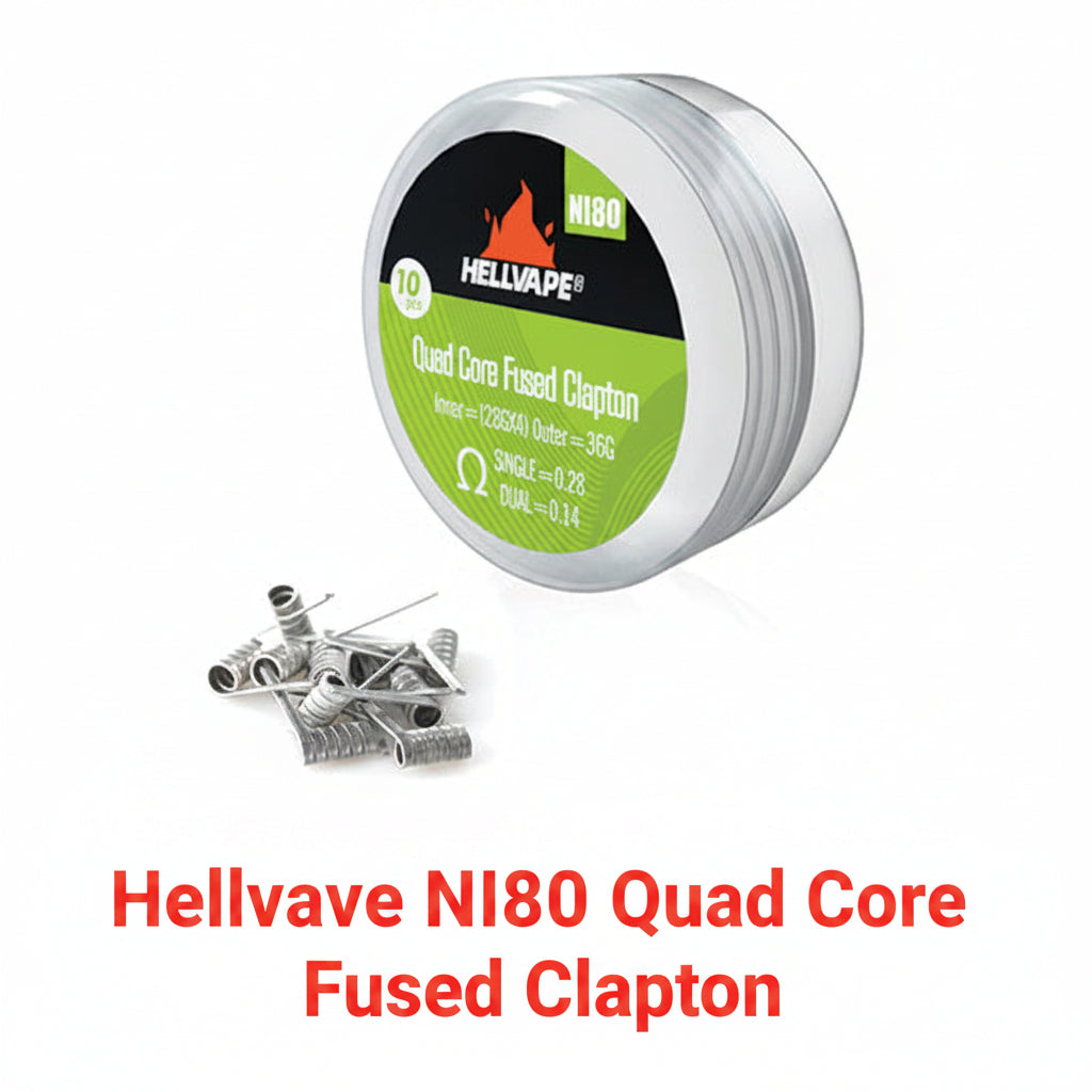 Round metal container with Hellvape NI80 QUAD CORE FUSED CLAPTON PRE-BUILT coils displayed beside it, designed for vape mods and tanks.