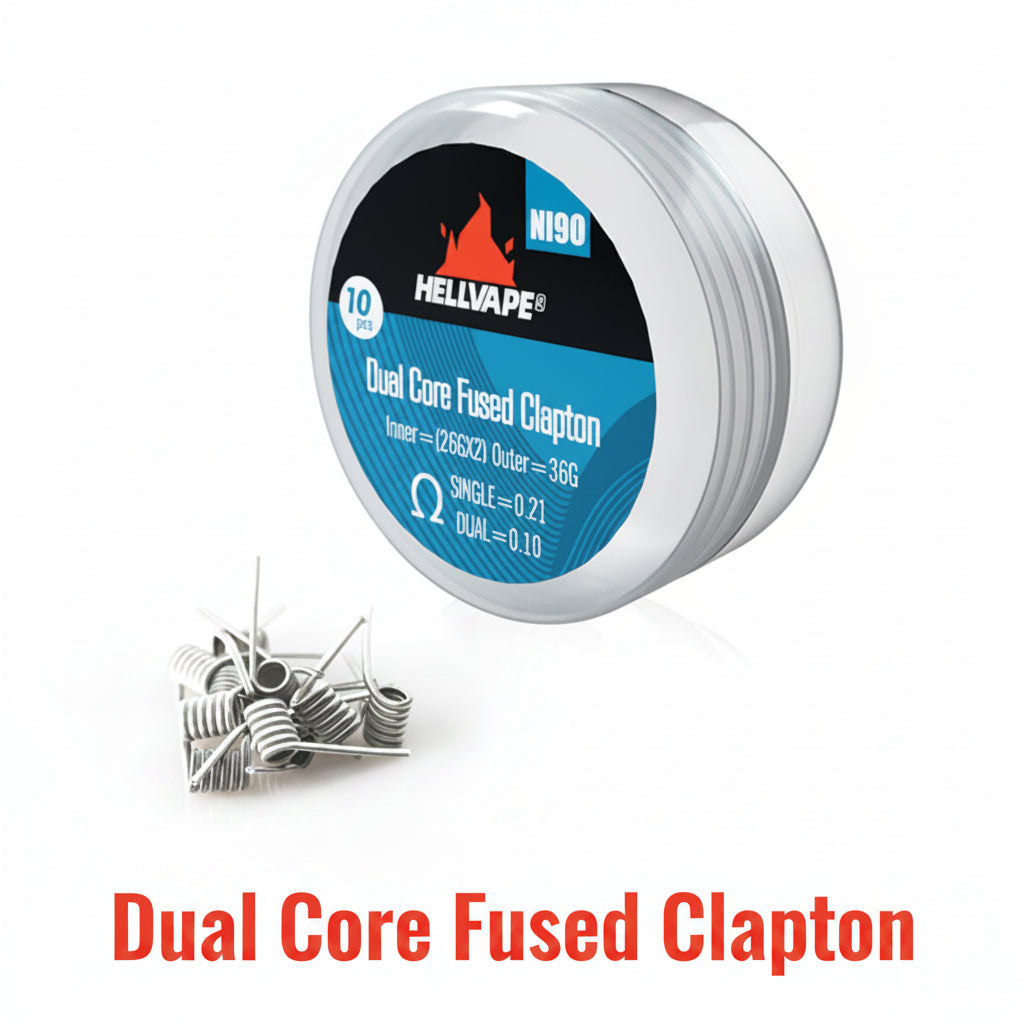 NI90 DUAL CORE FUSED CLAPTON PRE-BUILT vape coils displayed next to a container with product label, designed for use in vape mods and tanks.