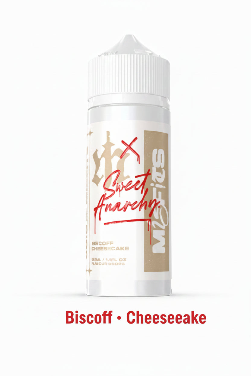 BISCOFF Cheesecake e-liquid by MISFITS X SWEET ANARCHY in 120ml longfill bottle, showcasing the flavorful dessert-inspired vape liquid.