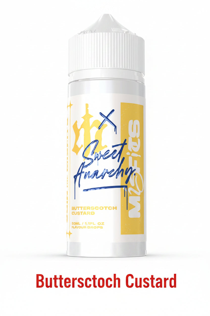 Misfits X Sweet Anarchy butterscotch custard e-liquid longfill bottle, 120ml flavor drops for vaping.