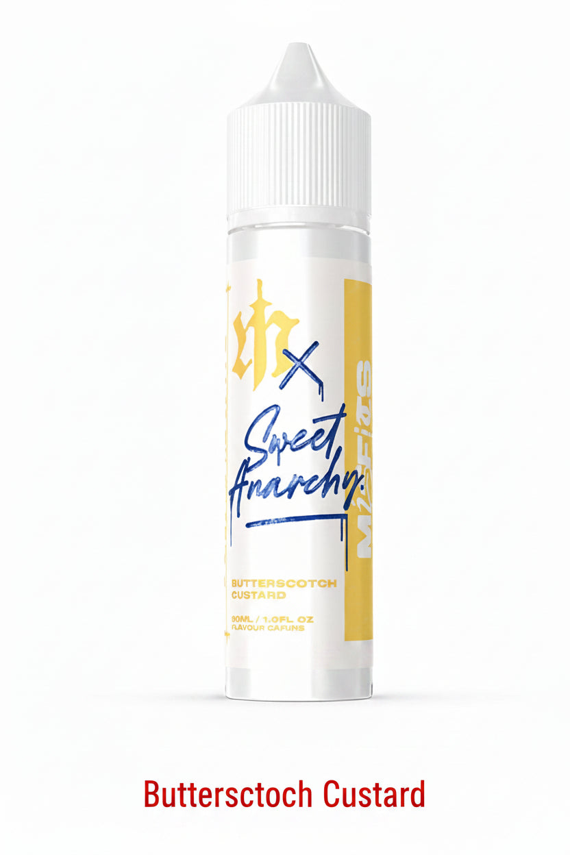 Longfill e-liquid bottle featuring Butterscotch Custard flavor by Misfits x Sweet Anarchy, 60ml size with salt/mouth-to-lung option.
