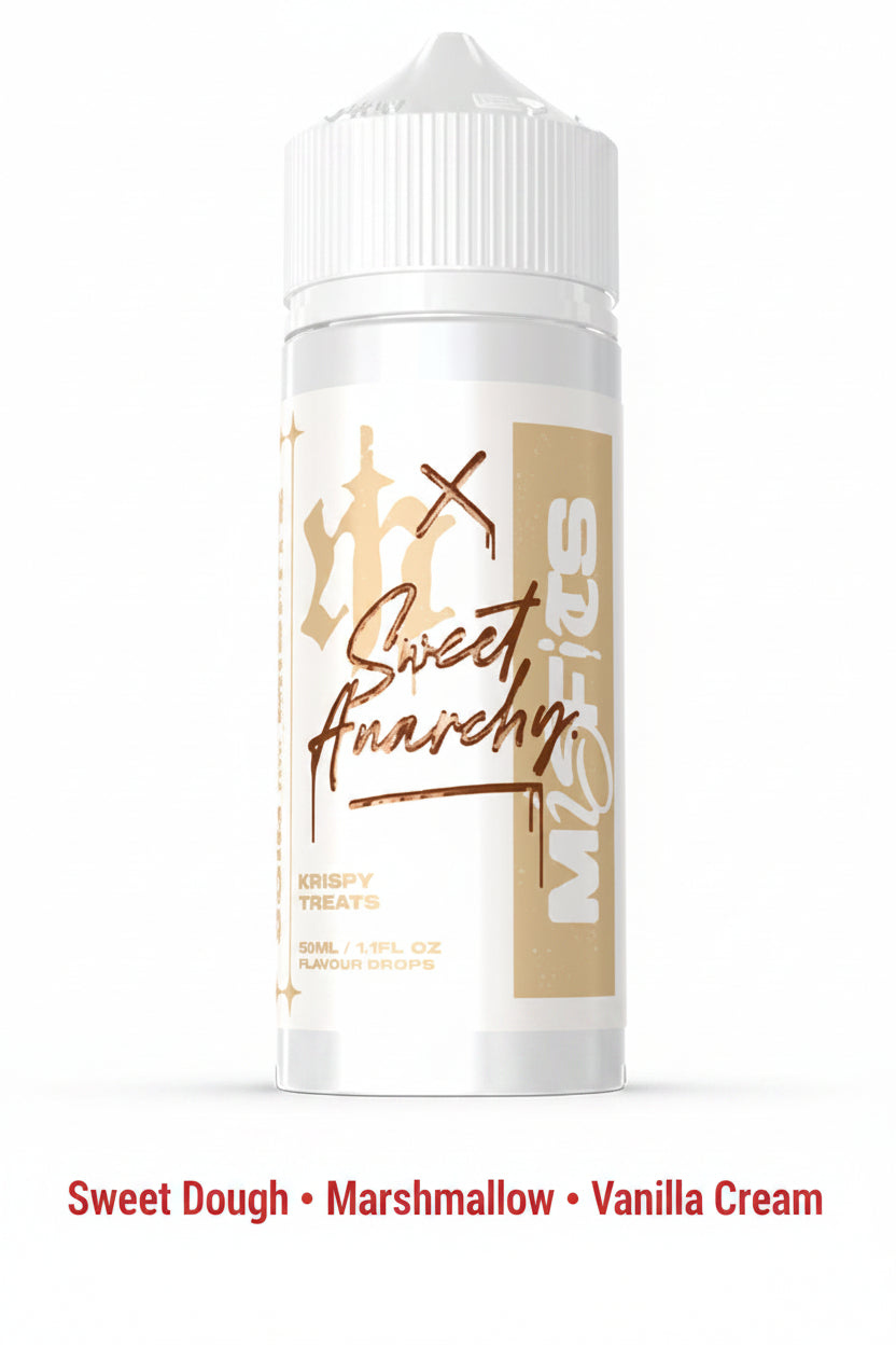 Krispy Treats 120ml Longfill e-liquid by Misfits x Sweet Anarchy with banana and cereal flavor in a clear bottle