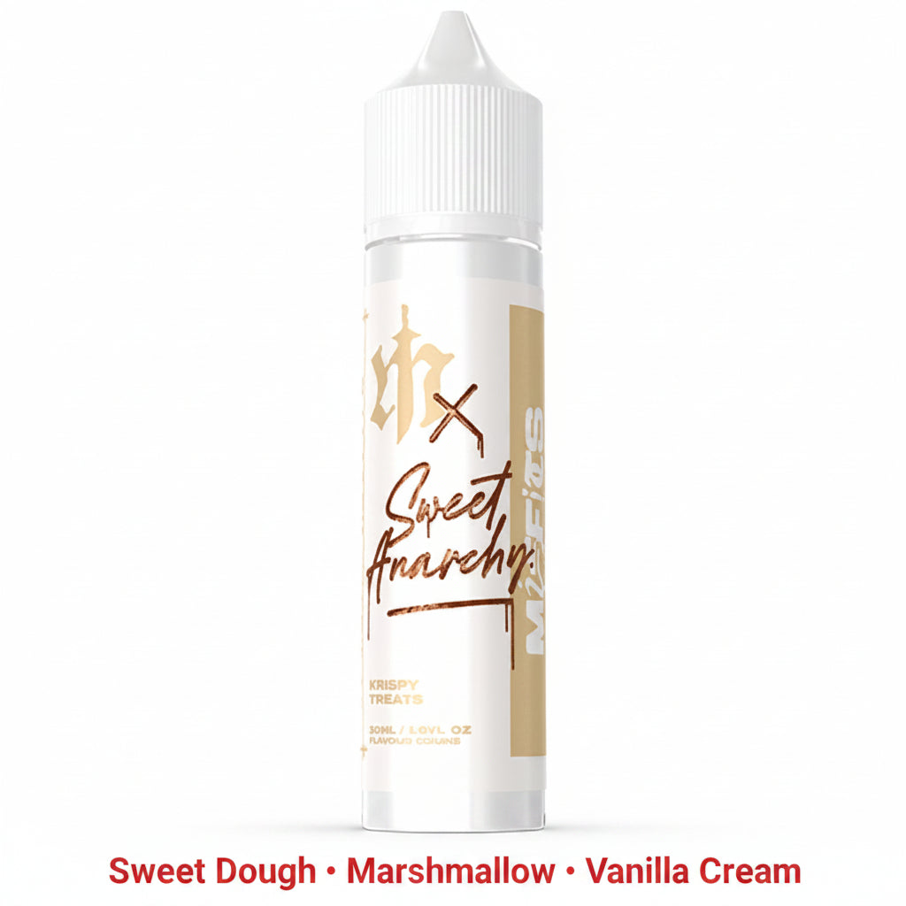 Krispy Treats Salt E-Liquid by Misfits x Sweet Anarchy, 60ml Longfill bottle with flavor drops, snack-inspired vape flavor.