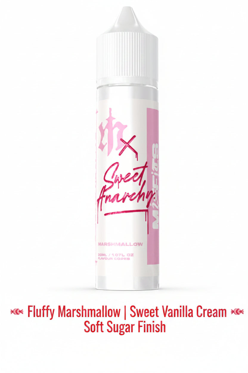 Misfits x Sweet Anarchy marshmallow salt e-liquid longfill bottle, 60ml size with flavor drops for vaping.