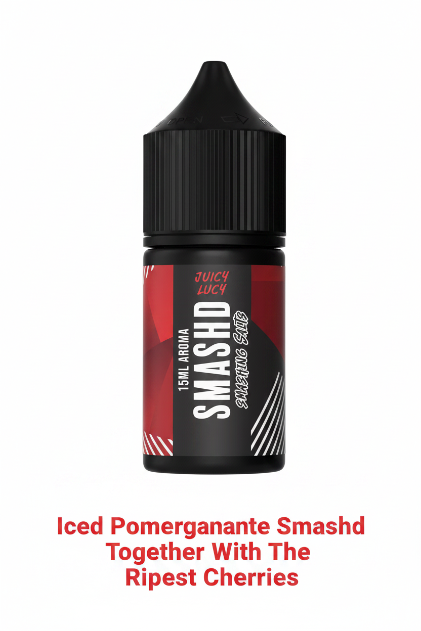 Bottle of JUICY LUCY - SALT/MTL 30ML LONGFILL vape liquid with a black cap and red label, featuring iced pomegranate and ripe cherry flavor.