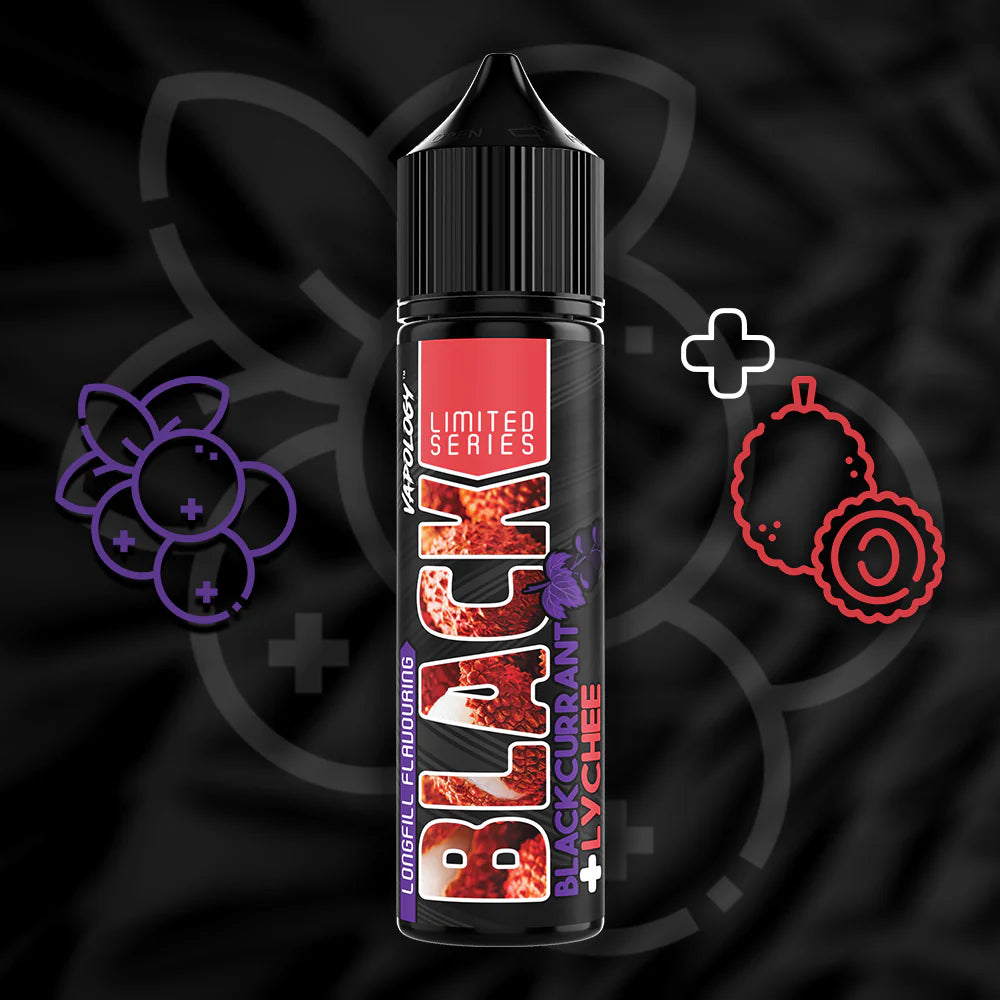Vapology Blackcurrant Lychee salt e-liquid longfill bottle, 60ml, with blackcurrant and lychee flavor labels on the packaging.
