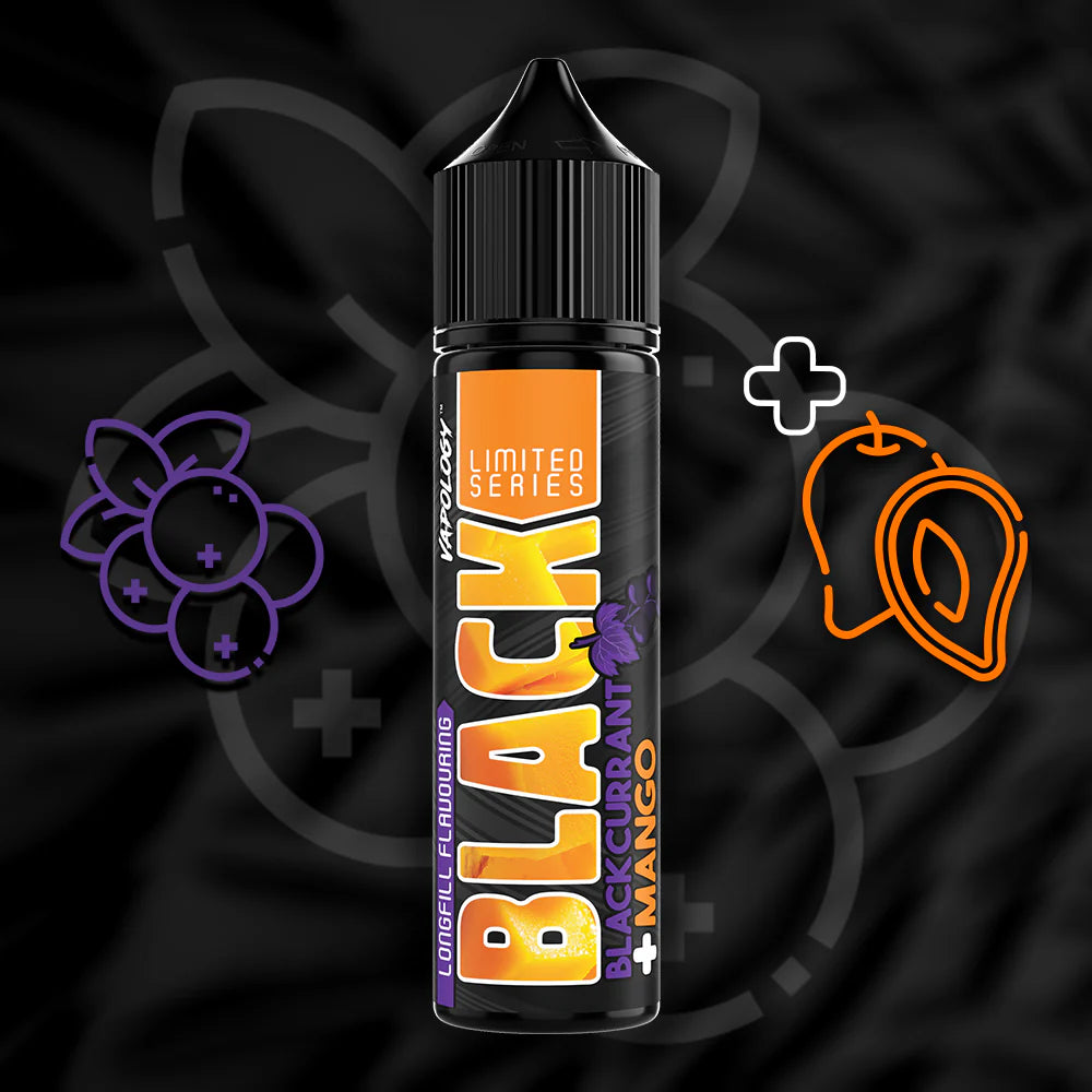Vapology Blackcurrant Mango Salt/MTL 60ml e-liquid bottle with colorful label, featuring blackcurrant and mango flavor imagery.