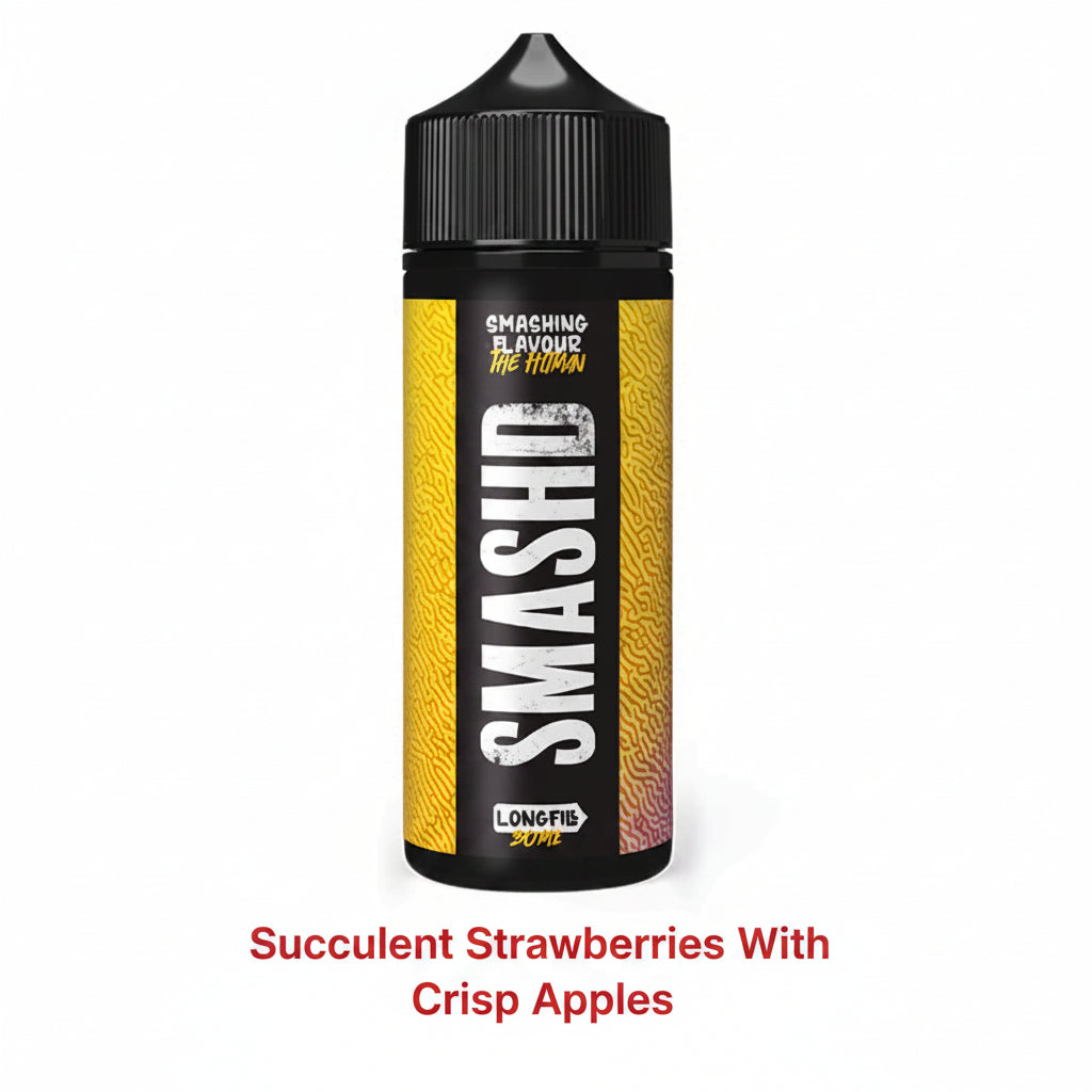 Bottle of THE HITMAN - 120ML LONGFILL vape liquid with vibrant yellow and red label featuring the word SMASHD, promoting a flavor of succulent strawberries with crisp apples.