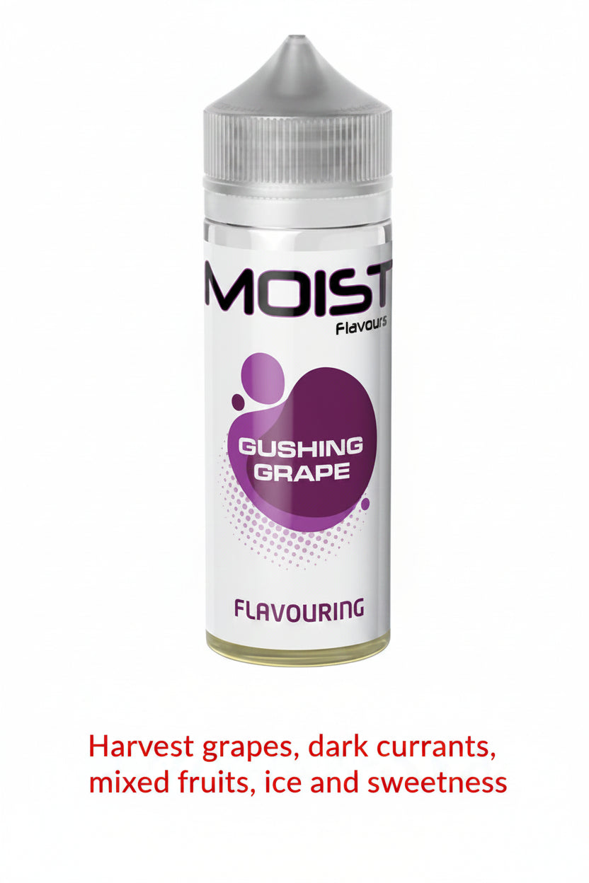 Gushing Grape flavoring e-liquid in 120ml Longfill bottle by Moist, featuring vibrant grape illustration on the label.