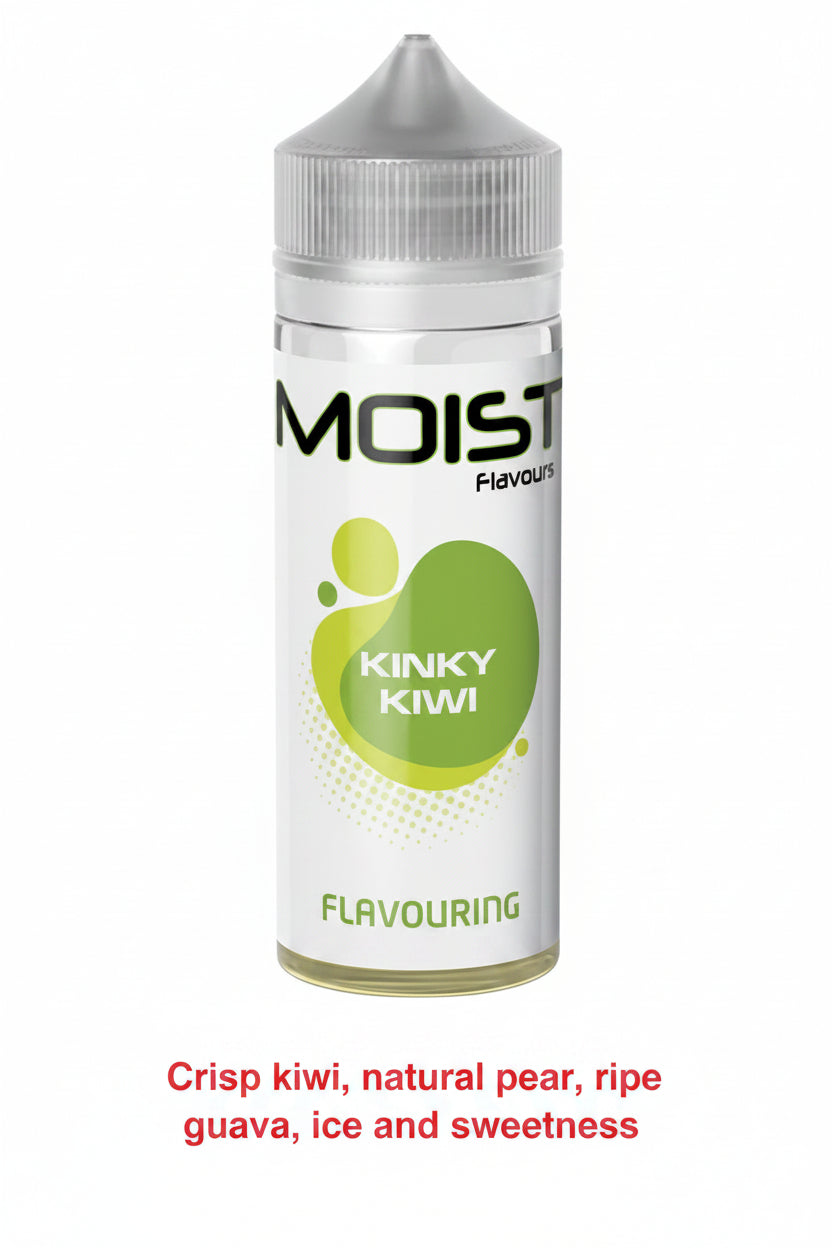 Bottle of MOIST KINKY KIWI 120ML longfill flavored e-liquid with kiwi fruit design on the label.