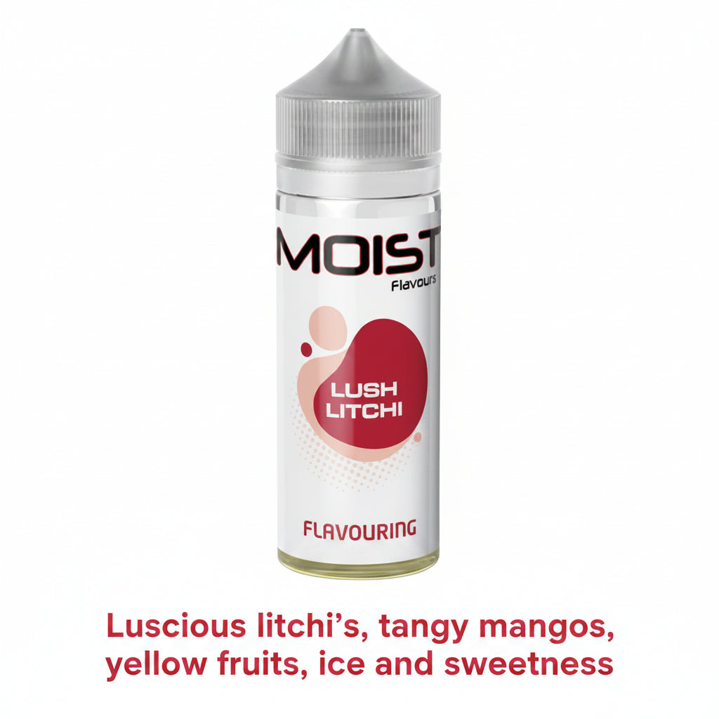 LUSH LITCHI longfill flavoring bottle by MOIST, 120ml, with a label showing fresh litchi fruit and vibrant branding.