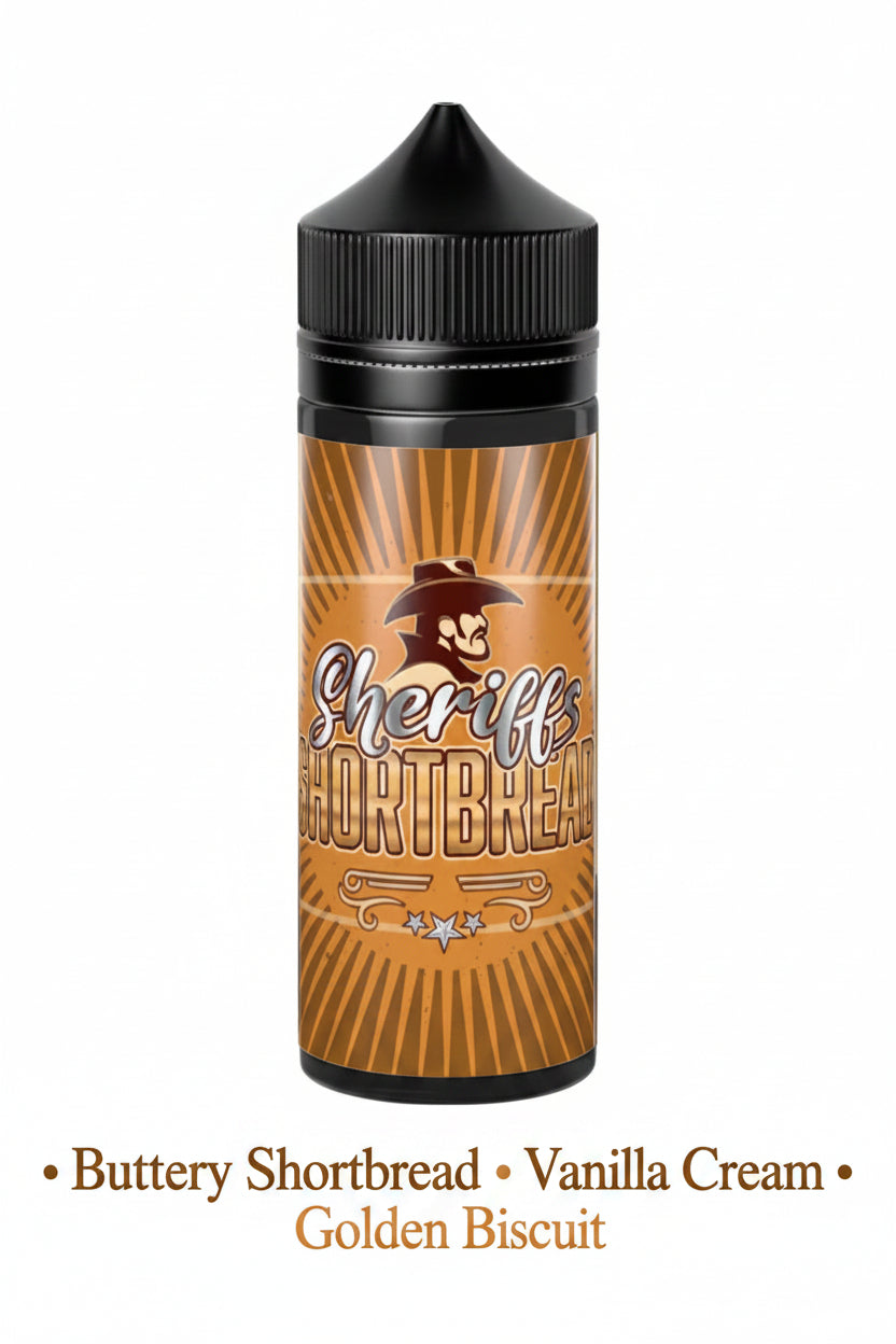 Wiener Vape Sheriff's Shortbread 120ml e-liquid longfill bottle with flavor shot, featuring creamy shortbread cookie flavor and clear label.