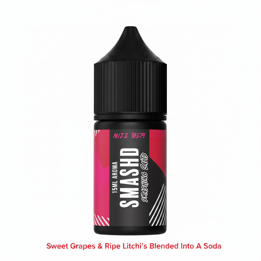 Bottle of MIZZ TASTY - SALT/MTL 30ML LONGFILL vape liquid with Smashd flavor, featuring sweet grapes and ripe litchi blended into a soda, designed for vape devices.