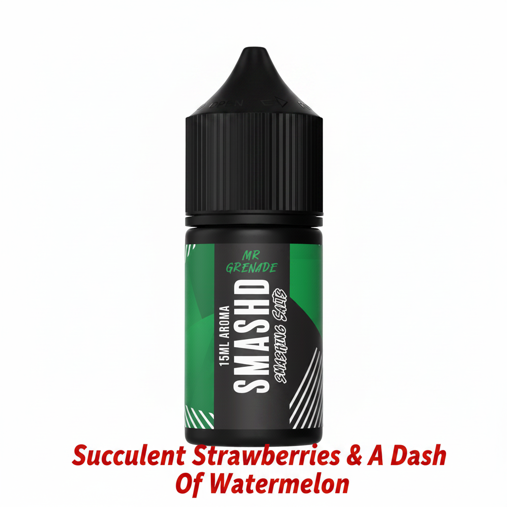 Bottle of MR GRENADE - SALT/MTL 30ML LONGFILL vape liquid with a black cap and green label, designed for vape devices with flavors of strawberries and watermelon.
