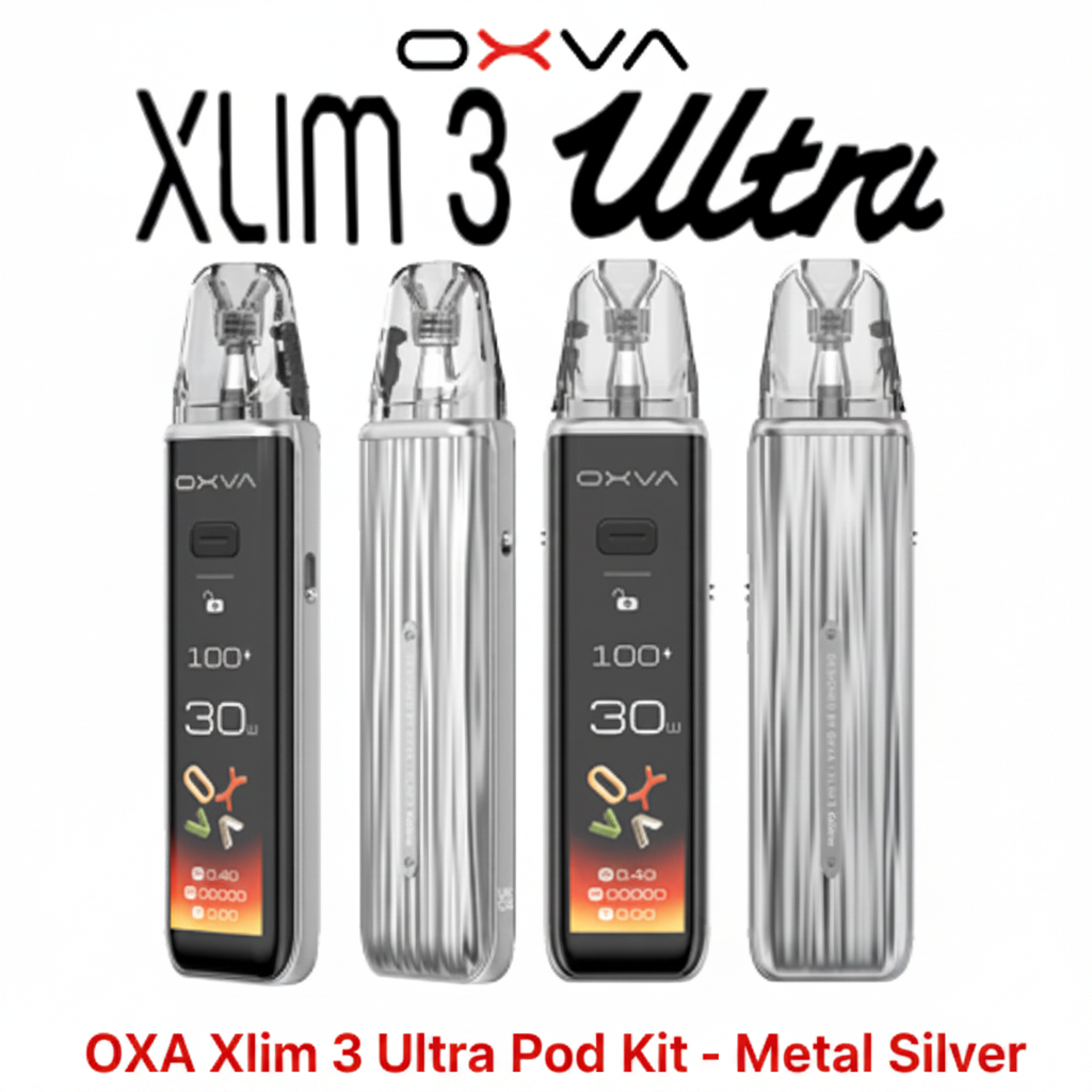 Silver XLIM 3 Ultra Pod Kit by OXVA, featuring a sleek metal design and compact pod system for vaping.