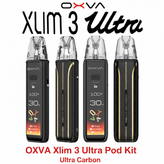 OXVA XLIM 3 Ultra Pod Kit, sleek carbon design, compact pod system with replaceable pods and integrated airflow control.