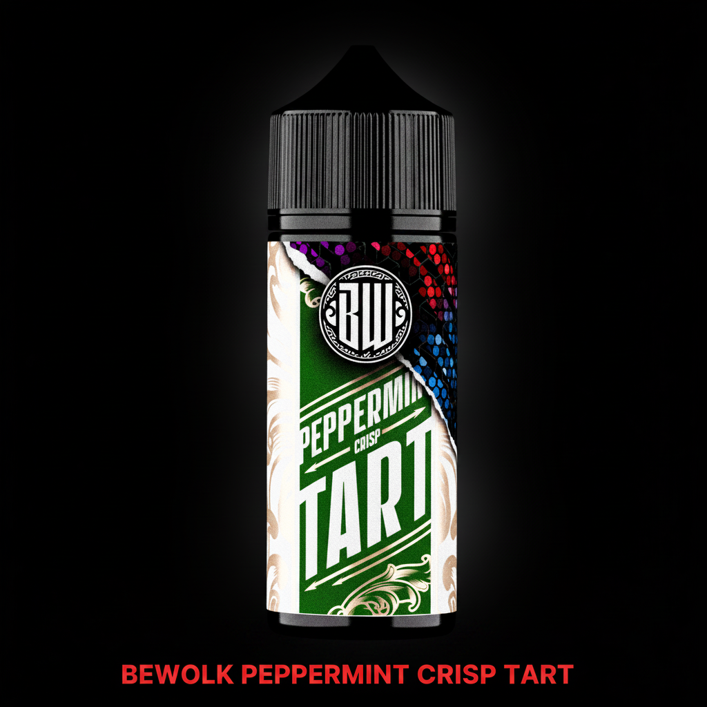 BeWolk Peppermint Crisp Tart e-liquid bottle, 120ml longfill with colorful label featuring peppermint and chocolate flavors.