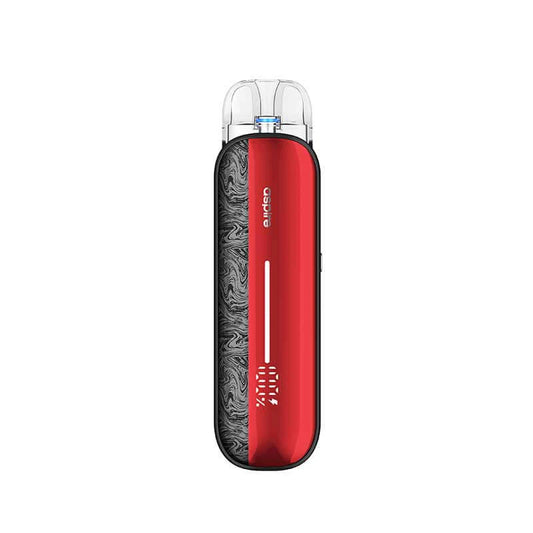 Aspire Pixo Aura pod system in crimson red showing sleek design and compact size on a white background.