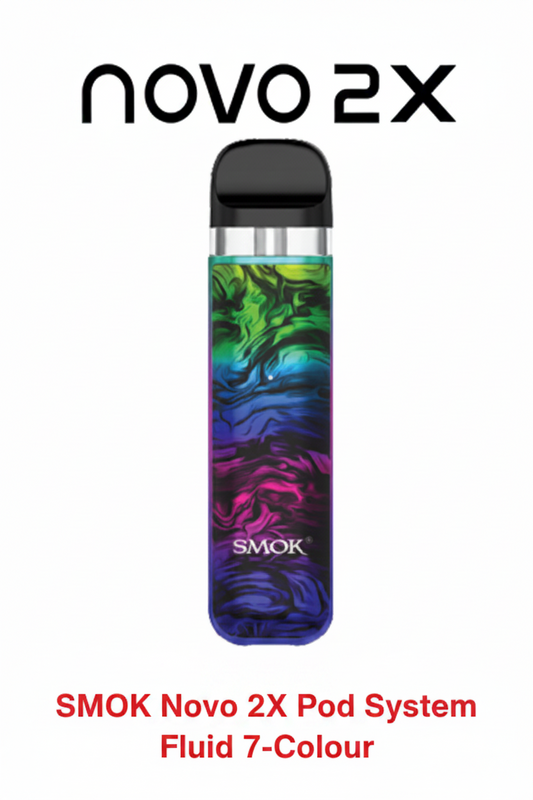 SMOK NOVO 2X Pod System with colorful fluid design, compact vaping device featuring adjustable airflow and sleek modern look.