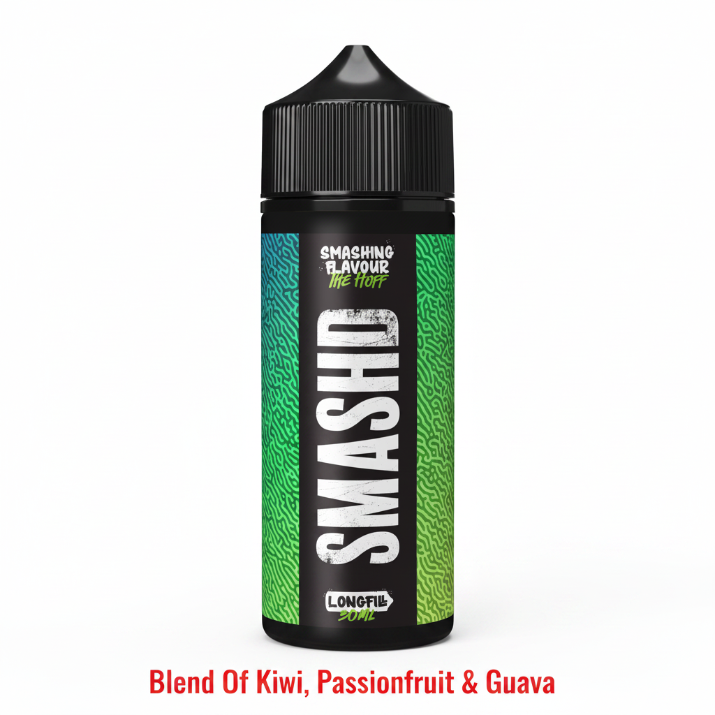 Bottle of THE HOFF - 120ML LONGFILL vape liquid featuring a green and blue textured label with bold white text, highlighting a blend of kiwi, passionfruit, and guava flavors.