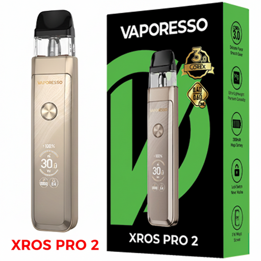 Vaporesso XROS Pro 2 pod system in glittering gold, compact and sleek design with removable pod and ergonomic mouthpiece.