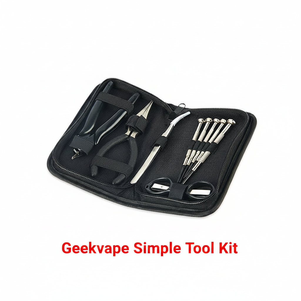 GeekVape simple tool kit with screwdrivers, tweezers, and accessories for vaping device maintenance and repairs.