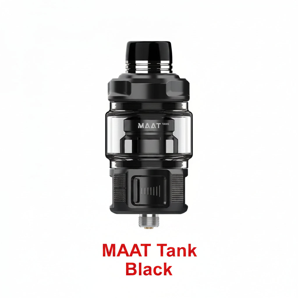 Black vape tank with glass chamber and adjustable airflow, designed for vape mods, labeled MAAT TANK 6.5ML for enhanced vape liquid capacity.