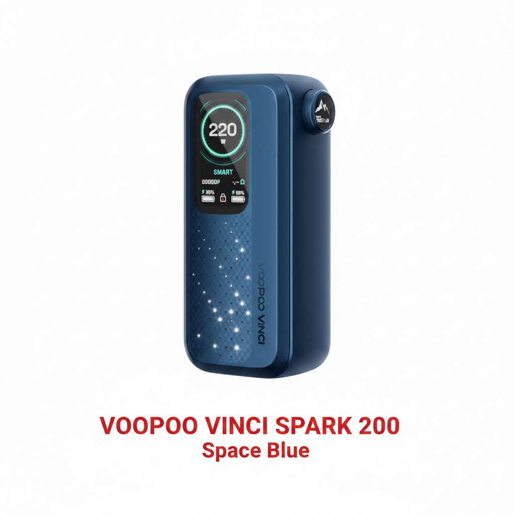 VOOPOO VINCI SPARK 220 vape mod in space blue, sleek rectangular design with digital display and control buttons.