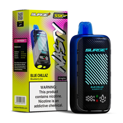 Nasty Surge 55K Puff 5% disposable vape in BlueChillaz Blueberry Ice flavor, featuring a sleek blue design and compact size.