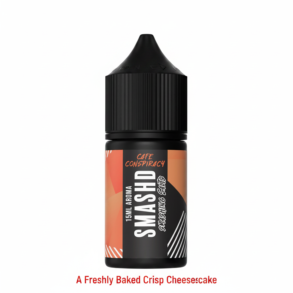 A sleek black bottle of CAFE CONSPIRACY - SALT/MTL 30ML LONGFILL vape liquid featuring an orange and black label with white text, designed for vape enthusiasts.