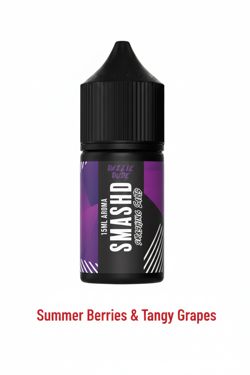 Bottle of DAZZLE DUDE - SALT/MTL 30ML LONGFILL vape liquid with black cap and purple label featuring summer berries and tangy grapes flavor.