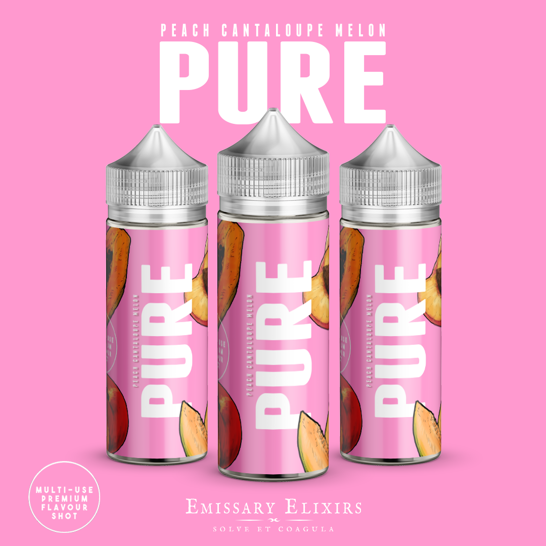 EMISSARY ELIXIRS PURE PINK 120ML longfill e-liquid bottle with pink label and sleek design, ideal for vaping.