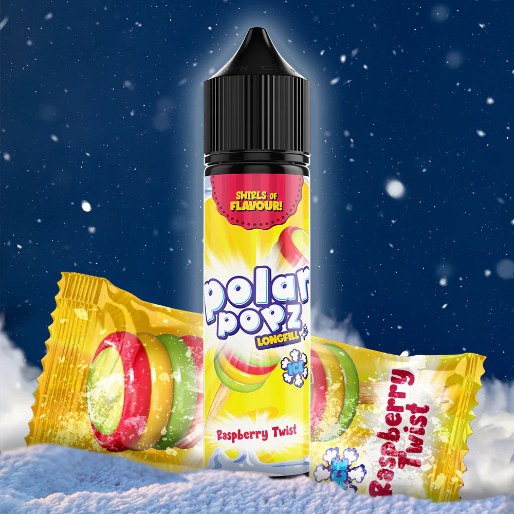 Bottle of RASPBERRY TWIST - SALT/MTL 60ML LONGFILL vape liquid with bright yellow packaging featuring colorful candy rings and raspberry twist flavor, set against a snowy background.