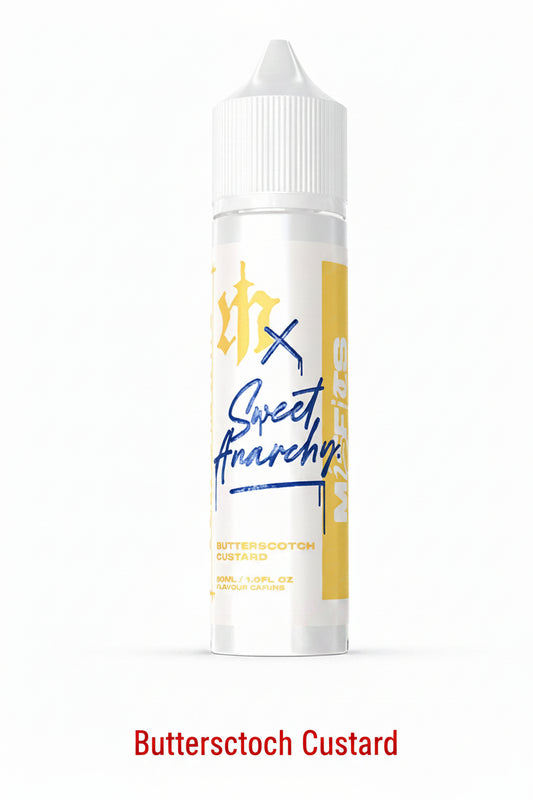 Longfill e-liquid bottle featuring Butterscotch Custard flavor by Misfits x Sweet Anarchy, 60ml size with salt/mouth-to-lung option.