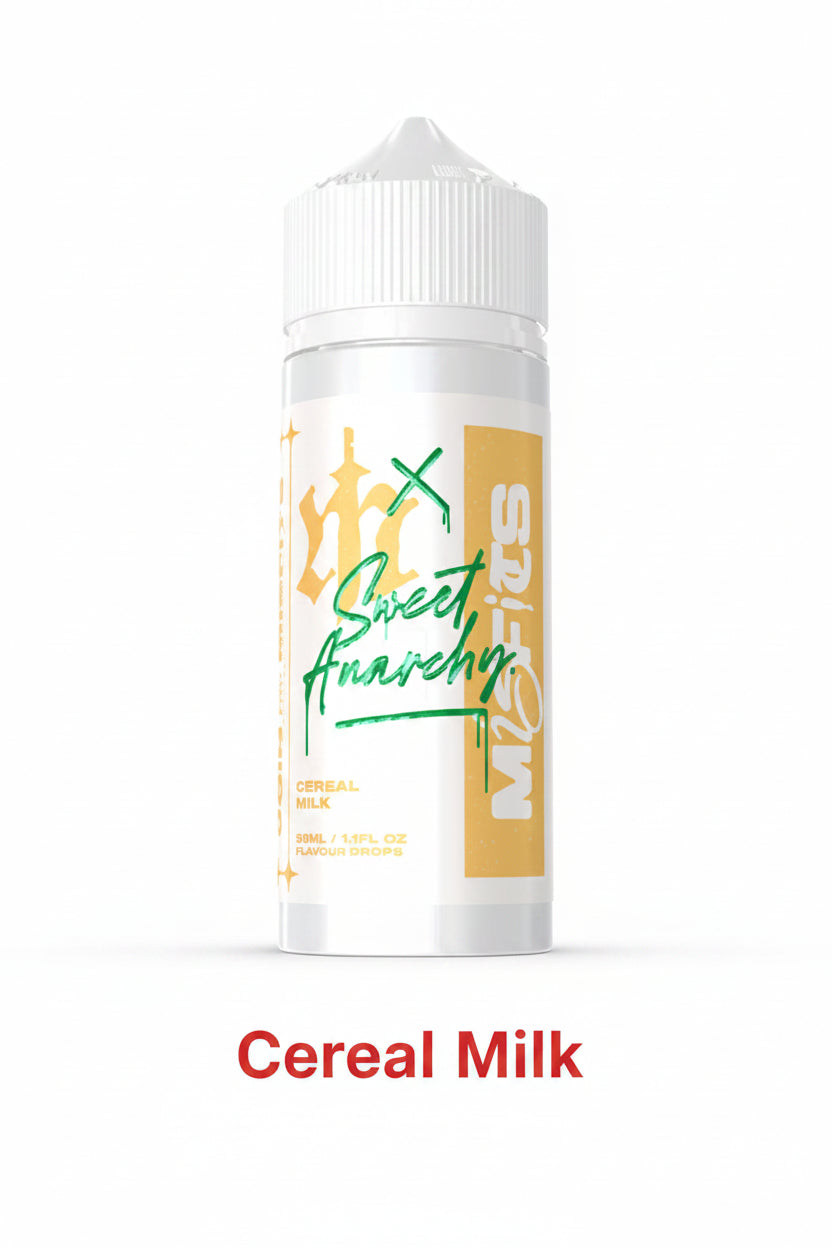 Cereal Milk e-liquid by Misfits X Sweet Anarchy in a 120ml longfill bottle, featuring creamy cereal flavor drops