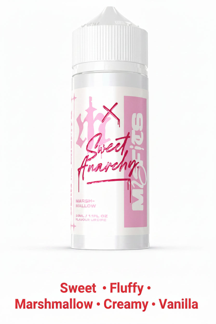 E-liquid bottle of Marshmallow flavor by Misfits X Sweet Anarchy, 120ml longfill vape juice with marshmallow flavor drops.