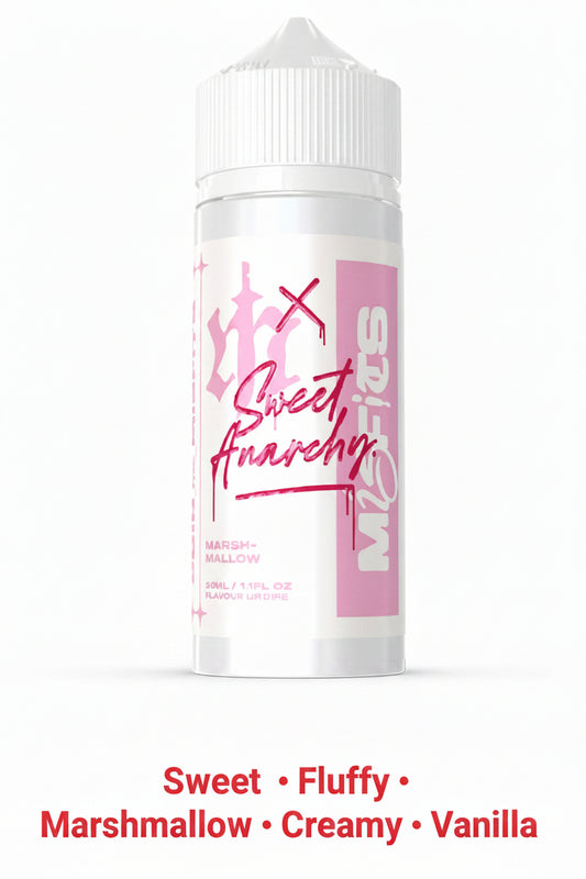 E-liquid bottle of Marshmallow flavor by Misfits X Sweet Anarchy, 120ml longfill vape juice with marshmallow flavor drops.