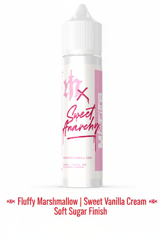 Misfits x Sweet Anarchy marshmallow salt e-liquid longfill bottle, 60ml size with flavor drops for vaping.