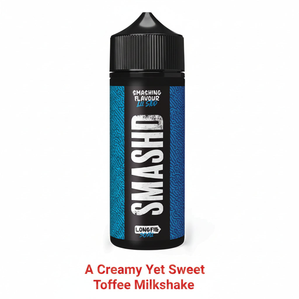 Bottle of LIL STUD - 120ML LONGFILL vape liquid with blue patterned label featuring the word SMASHD, described as a creamy yet sweet toffee milkshake flavor.