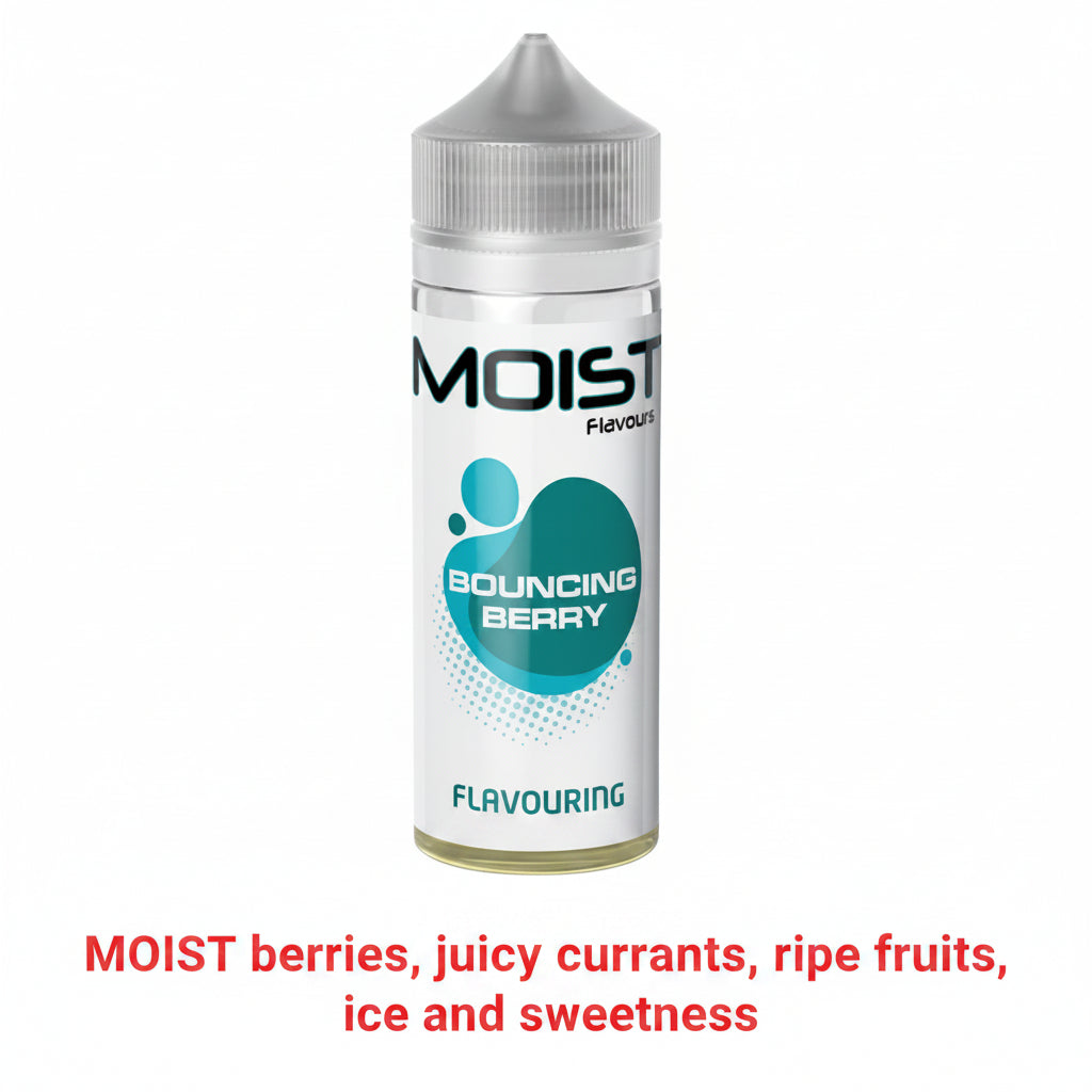 Bouncing Berry Moist 120ml Longfill flavoring bottle with vibrant berry illustration on label