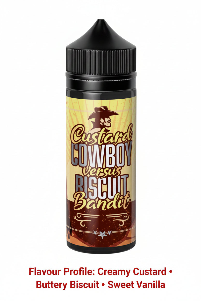 Wiener Vape Custard Cowboy vs Biscuit Bandit e-liquid 120ml longfill bottle with flavor shot, featuring creamy custard and biscuit notes.