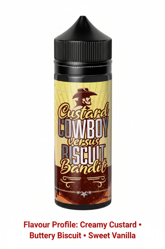 Wiener Vape Custard Cowboy vs Biscuit Bandit e-liquid 120ml longfill bottle with flavor shot, featuring creamy custard and biscuit notes.