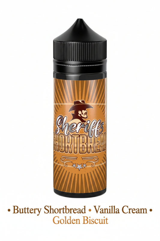 Wiener Vape Sheriff's Shortbread 120ml e-liquid longfill bottle with flavor shot, featuring creamy shortbread cookie flavor and clear label.