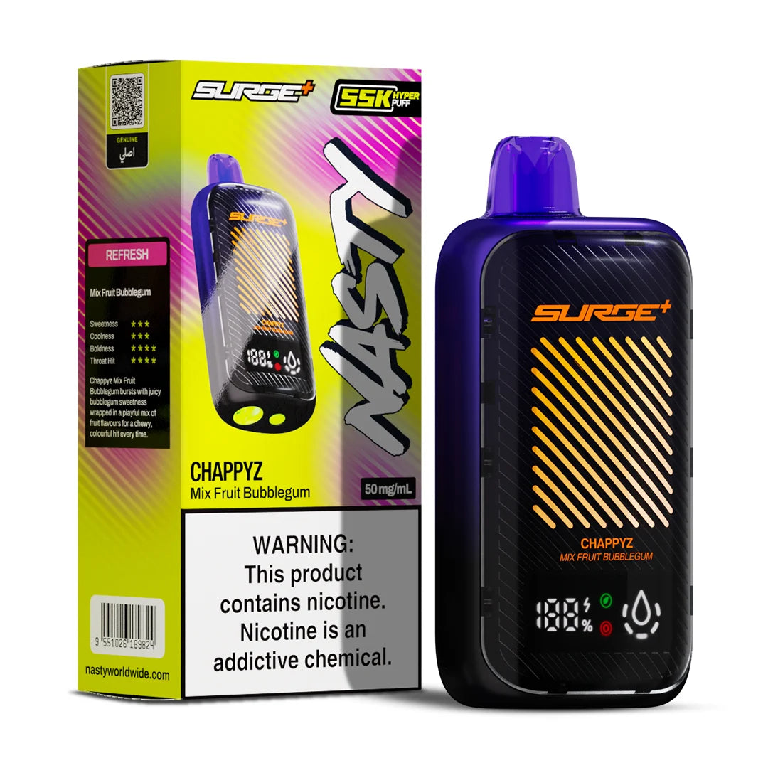 Disposable NASTY Surge 55K Puff vape in Mix Fruit Bubble Gum flavor, showing the sleek device with colorful packaging.