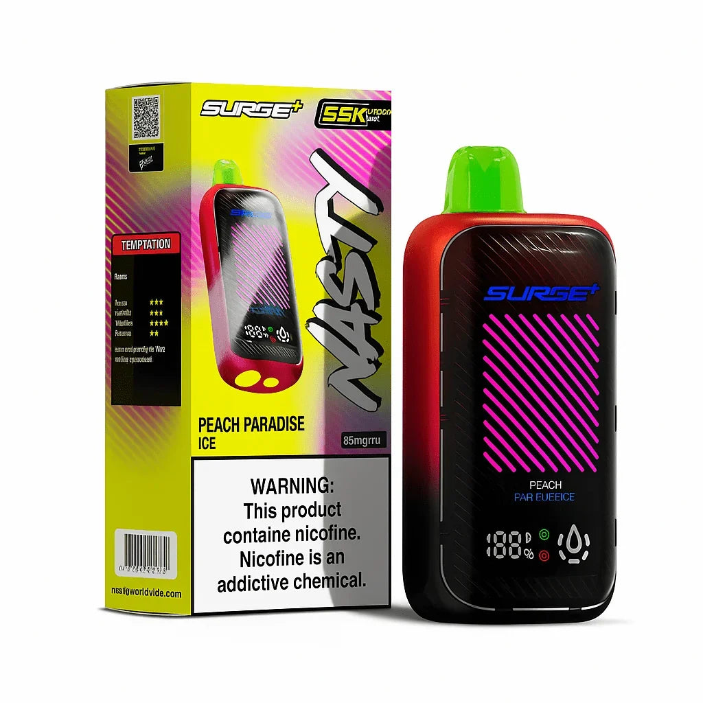 Nasty Surge 55K Puff 5% disposable vape with peach paradise ice and sunset flavor, showcasing the sleek device design.