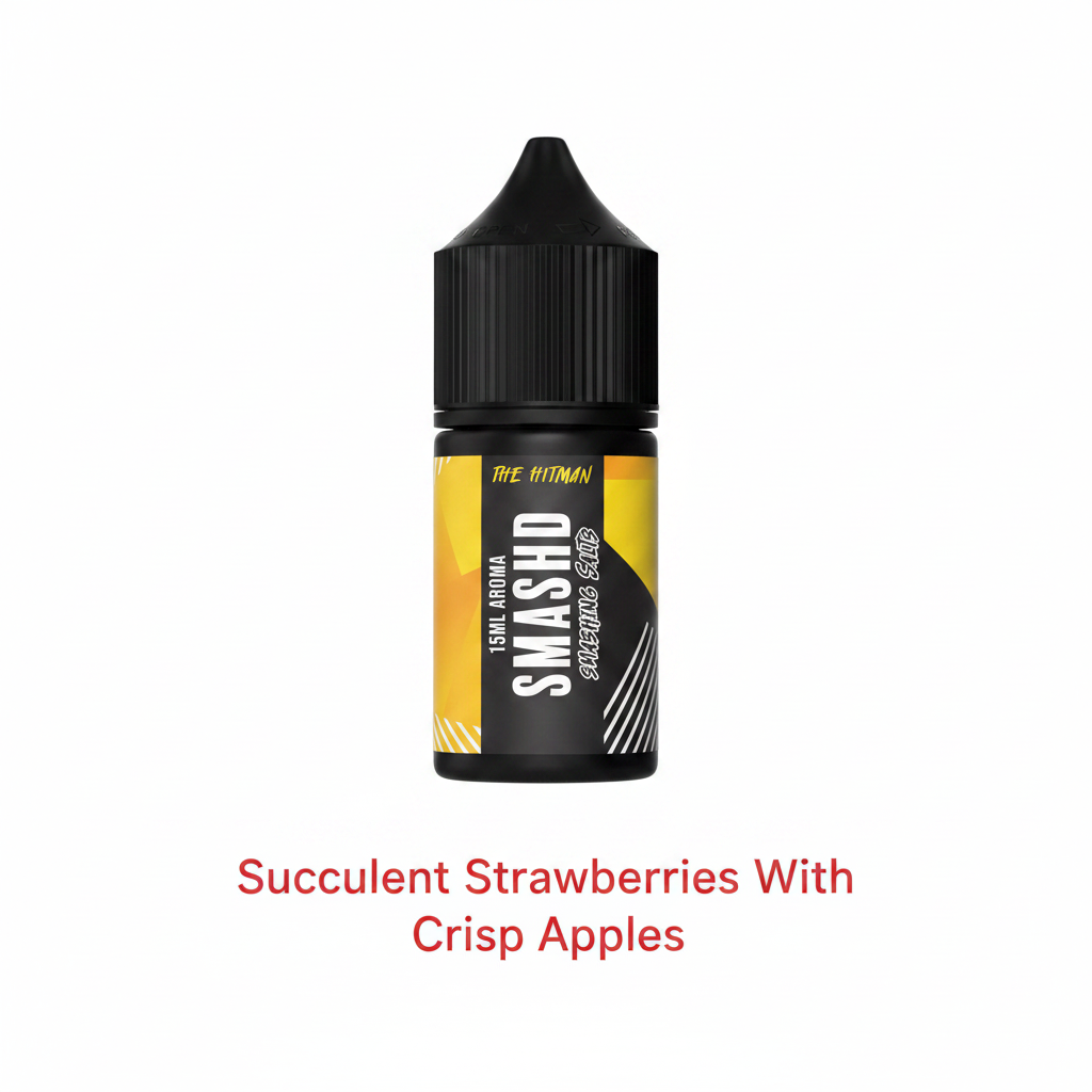 Bottle of THE HITMAN - SALT/MTL 30ML LONGFILL vape liquid featuring the Smash flavor with a yellow and black label, designed for vape inn users.
