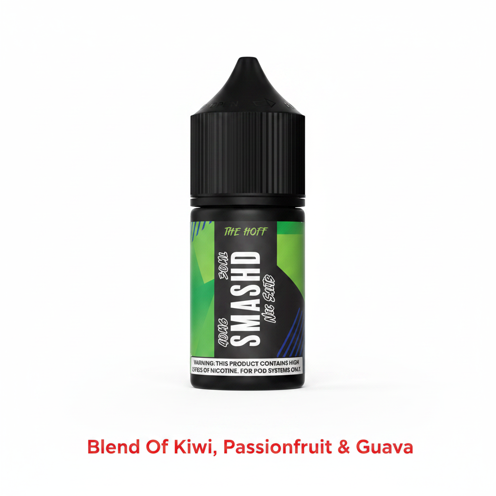 Bottle of THE HOFF - SALT/MTL 30ML LONGFILL vape liquid with a green and black label, featuring a blend of kiwi, passionfruit, and guava for pod systems.