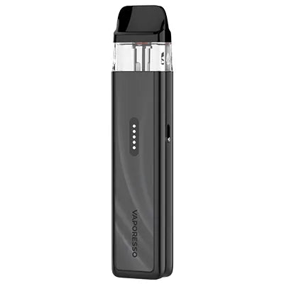 Vaporesso XROS 6 Mini Pod System in black with sleek compact design, featuring a pod and mouthpiece for vaping.