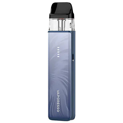Vaporesso XROS 6 Mini pod system with plume blue finish, compact design, and built-in mouthpiece for easy vaping.